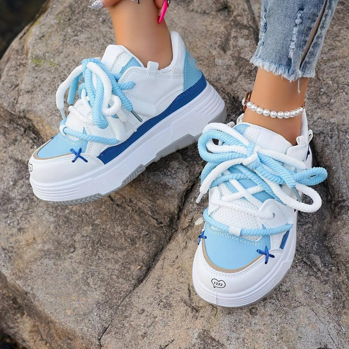 Women's Stylish Platform Skate Shoes, Niche Design Colorblock Heightening Sneakers, Personality Preppy Student Shoes - SS69