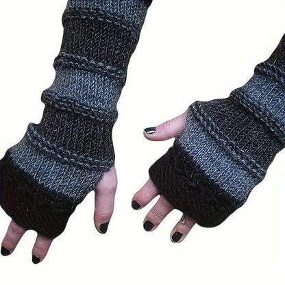 Women's Warm Striped Fingerless Gloves - Thick Knit, Color Block Design, Winter Essential - Polyester, Casual Style, Hand Wash or Dry Clean, Stretchy, Fingerless Gloves for Ladies SS69