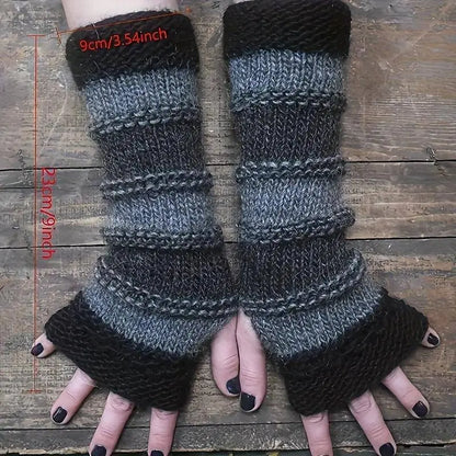Women's Warm Striped Fingerless Gloves-Thick Woven, Color Block Design, Winter Essential-Polyester, Casual Style, Hand Wash Or Dry Cleaning, Elastic, Women's Fingerless Gloves SS69