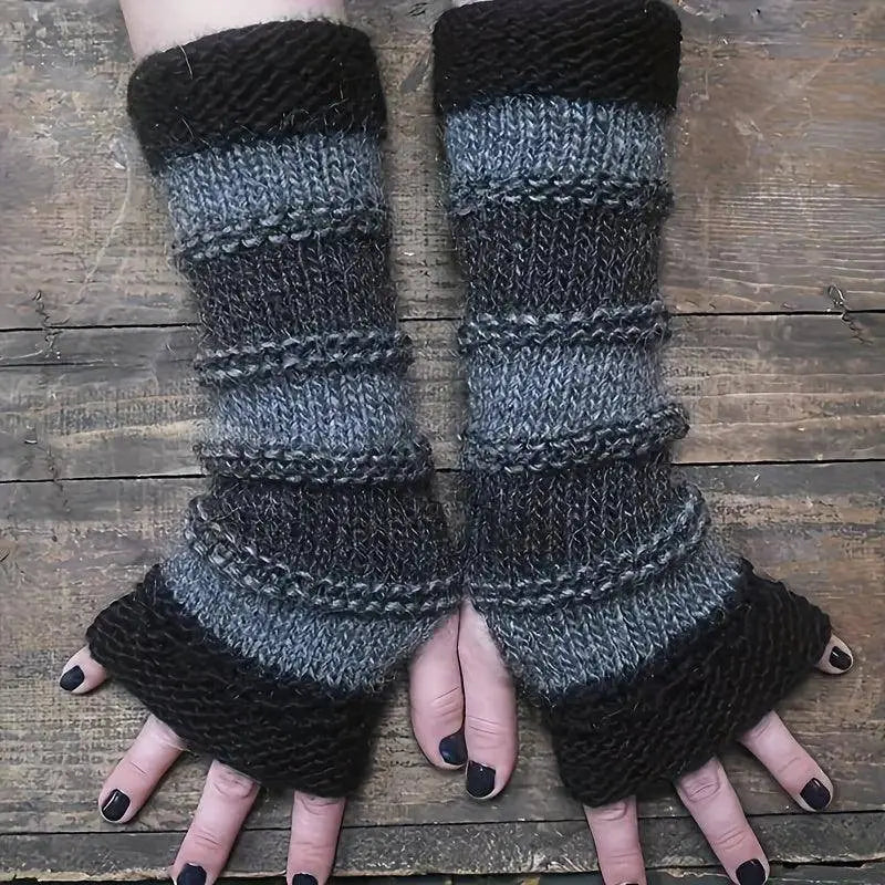 Women's Warm Striped Fingerless Gloves-Thick Woven, Color Block Design, Winter Essential-Polyester, Casual Style, Hand Wash Or Dry Cleaning, Elastic, Women's Fingerless Gloves SS69 10.69 Dark Gray