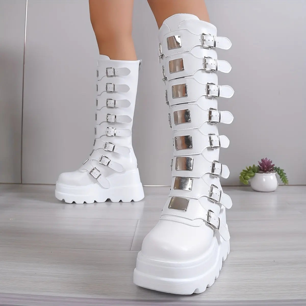 Women's Wedge Heeled Boots, Fashion Buckle Strap Design Platform Boots, Women's Stylish Back Zipper Boots carnaval & Music Festival - SS69