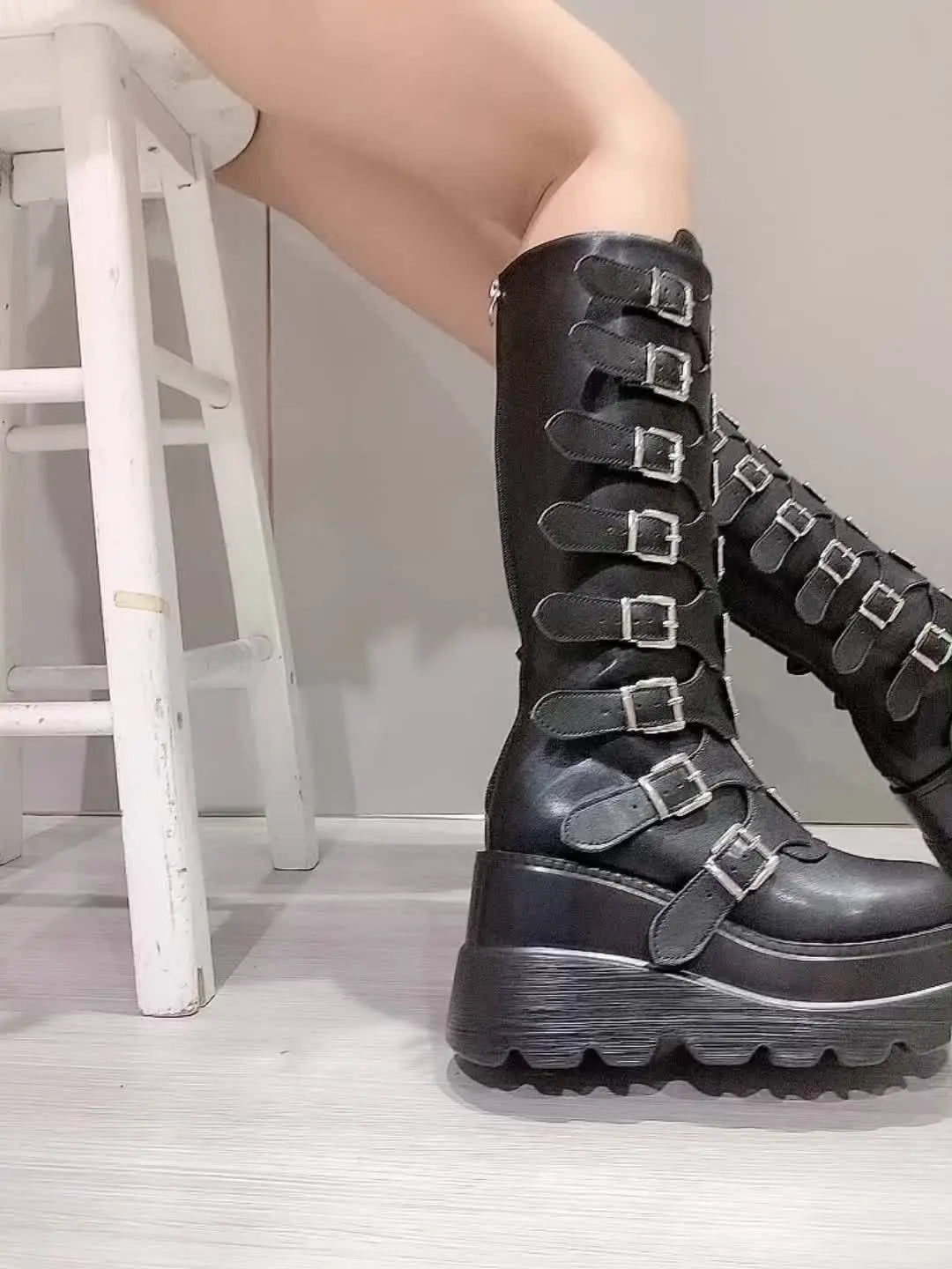 Women's Wedge Heeled Boots, Fashion Buckle Strap Design Platform Boots, Women's Stylish Back Zipper Boots carnaval & Music Festival - SS69