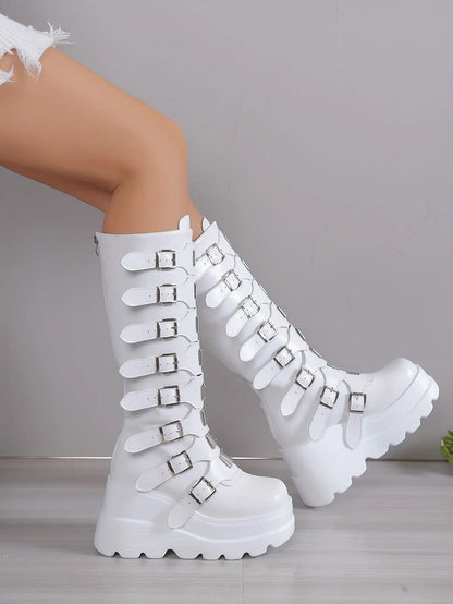 Women's Wedge Heeled Boots, Fashion Buckle Strap Design Platform Boots, Women's Stylish Back Zipper Boots carnaval & Music Festival - SS69