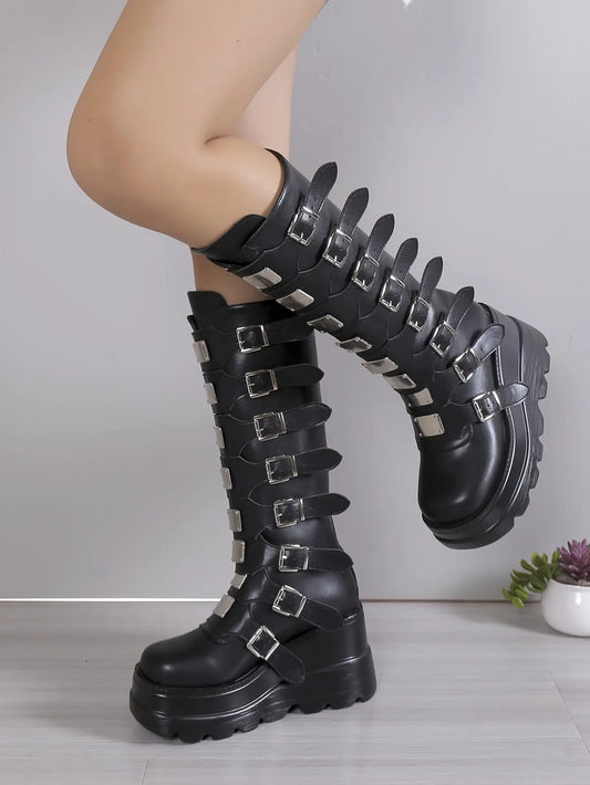 Women's Wedge Heeled Boots, Fashion Buckle Strap Design Platform Boots, Women's Stylish Back Zipper Boots carnaval & Music Festival - SS69