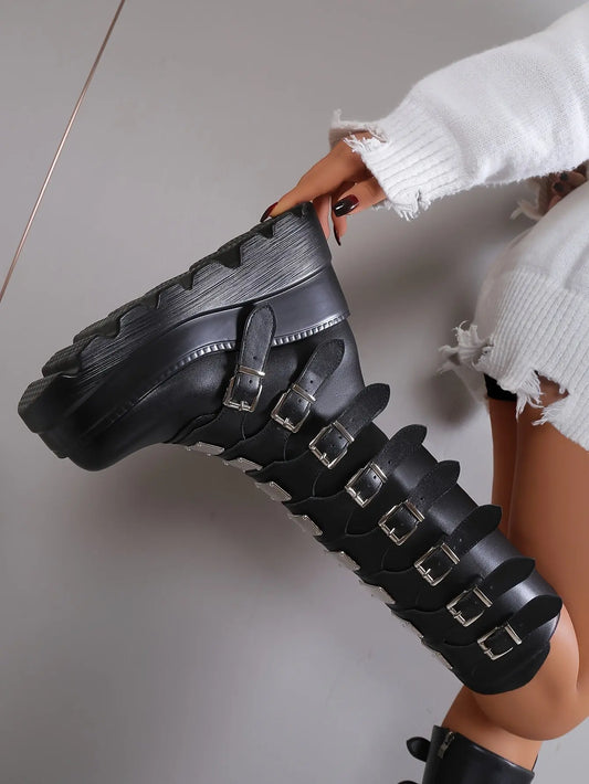 Women's Wedge Heeled Boots, Fashion Buckle Strap Design Platform Boots, Women's Stylish Back Zipper Boots carnaval & Music Festival - SS69
