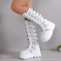 Women's Wedge Heeled Boots, Fashion Buckle Strap Design Platform Boots, Women's Stylish Back Zipper Boots carnaval & Music Festival - SS69
