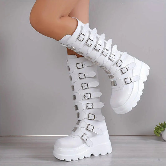 Women's Wedge Heeled Boots, Fashion Buckle Strap Design Platform Boots, Women's Stylish Back Zipper Boots carnaval & Music Festival - SS69