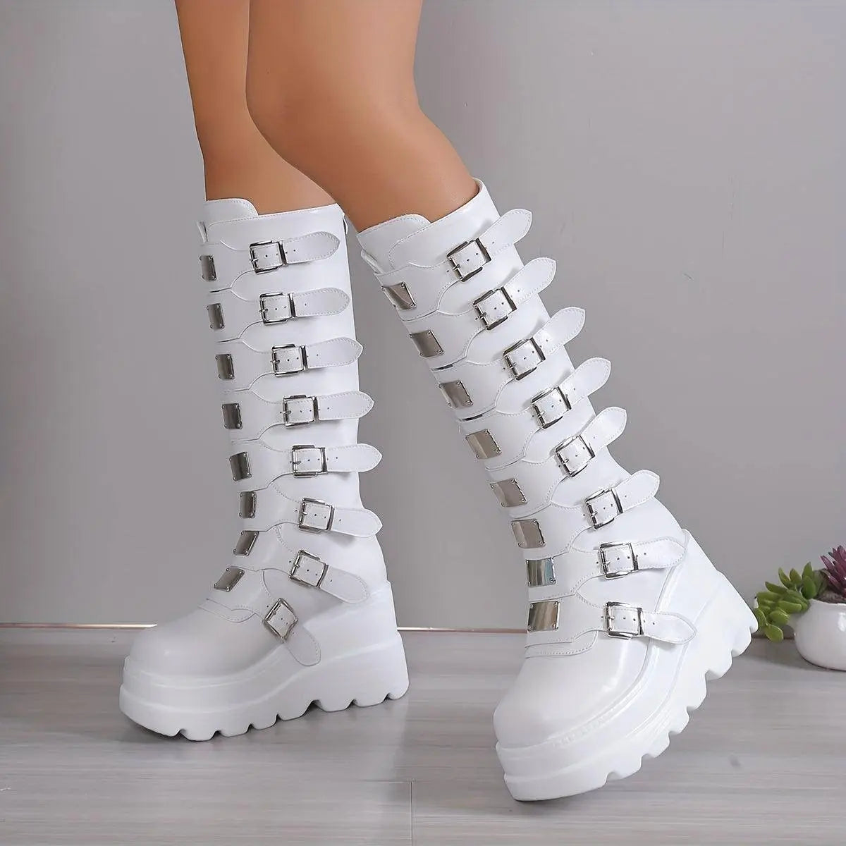 Women's Wedge Heeled Boots, Fashion Buckle Strap Design Platform Boots, Women's Stylish Back Zipper Boots carnaval & Music Festival - SS69