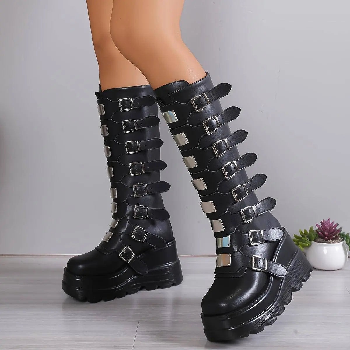 Women's Wedge Heeled Boots, Fashion Buckle Strap Design Platform Boots, Women's Stylish Back Zipper Boots carnaval & Music Festival - SS69
