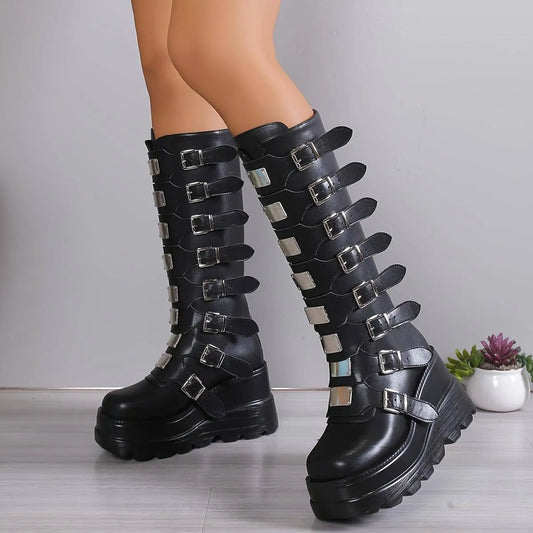Women's Wedge Heeled Boots, Fashion Buckle Strap Design Platform Boots, Women's Stylish Back Zipper Boots carnaval & Music Festival - SS69