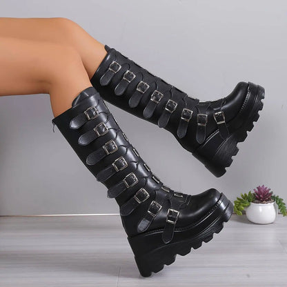 Women's Wedge Heeled Boots, Fashion Buckle Strap Design Platform Boots, Women's Stylish Back Zipper Boots carnaval & Music Festival - SS69