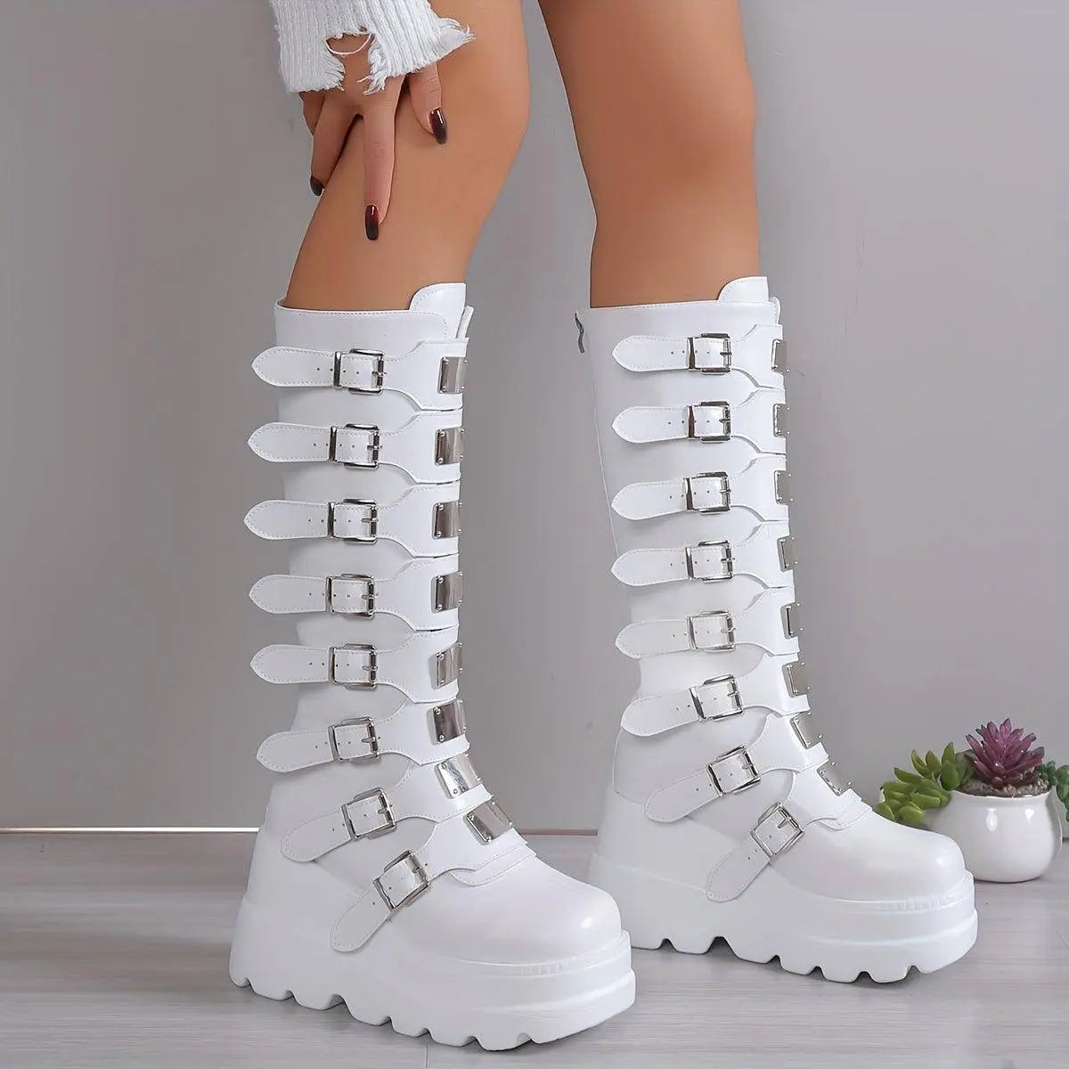 Women's Wedge Heeled Boots, Fashion Buckle Strap Design Platform Boots, Women's Stylish Back Zipper Boots carnaval & Music Festival - SS69