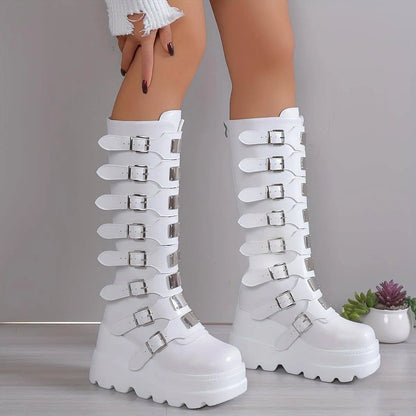 Women's Wedge Heeled Boots, Fashion Buckle Strap Design Platform Boots, Women's Stylish Back Zipper Boots carnaval & Music Festival - SS69