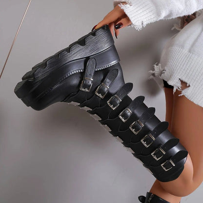 Women's Wedge Heeled Boots, Fashion Buckle Strap Design Platform Boots, Women's Stylish Back Zipper Boots carnaval & Music Festival - SS69