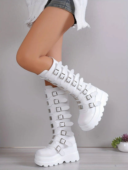 Women's Wedge Heeled Boots, Fashion Buckle Strap Design Platform Boots, Women's Stylish Back Zipper Boots carnaval & Music Festival - SS69
