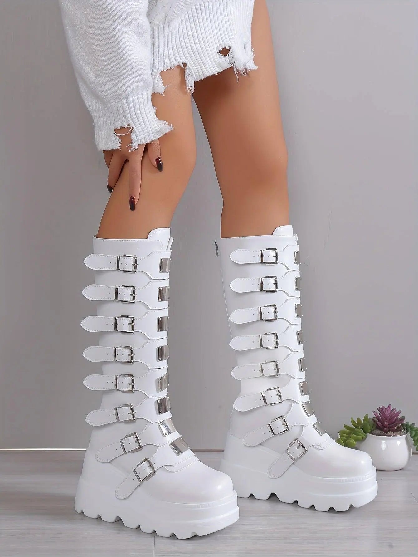 Women's Wedge Heeled Boots, Fashion Buckle Strap Design Platform Boots, Women's Stylish Back Zipper Boots carnaval & Music Festival - SS69