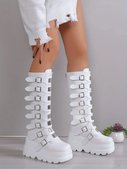 Women's Wedge Heeled Boots, Fashion Buckle Strap Design Platform Boots, Women's Stylish Back Zipper Boots carnaval & Music Festival - SS69