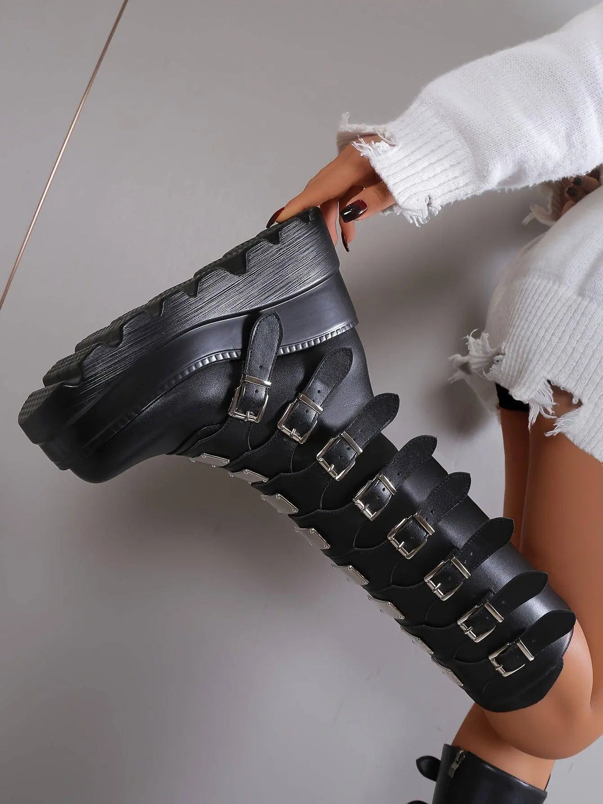 Women's Wedge Heeled Boots, Fashion Buckle Strap Design Platform Boots, Women's Stylish Back Zipper Boots carnaval & Music Festival - SS69