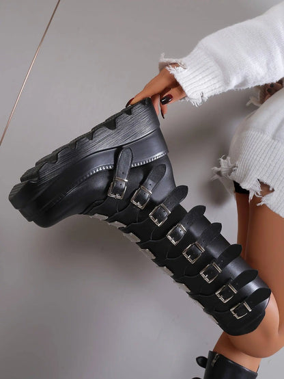 Women's Wedge Heeled Boots, Fashion Buckle Strap Design Platform Boots, Women's Stylish Back Zipper Boots carnaval & Music Festival - SS69