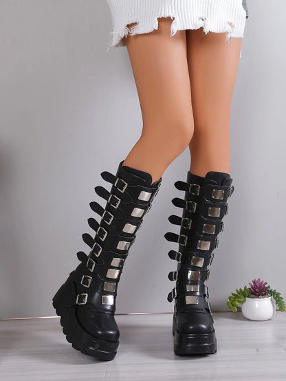 Women's Wedge Heeled Boots, Fashion Buckle Strap Design Platform Boots, Women's Stylish Back Zipper Boots carnaval & Music Festival - SS69