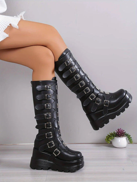 Women's Wedge Heeled Boots, Fashion Buckle Strap Design Platform Boots, Women's Stylish Back Zipper Boots carnaval & Music Festival - SS69