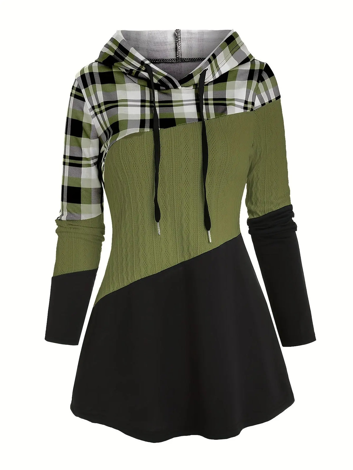 Womens Color Block Plaid Print Hoodie with Drawstring - Stylish Casual Sweatshirt for Everyday Comfort - Trendy Long Sleeve Design SS69