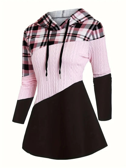 Womens Color Block Plaid Print Hoodie with Drawstring - Stylish Casual Sweatshirt for Everyday Comfort - Trendy Long Sleeve Design SS69