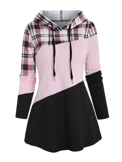 Womens Color Block Plaid Print Hoodie with Drawstring - Stylish Casual Sweatshirt for Everyday Comfort - Trendy Long Sleeve Design SS69