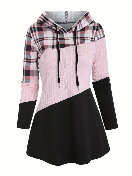Womens Color Block Plaid Print Hoodie with Drawstring - Stylish Casual Sweatshirt for Everyday Comfort - Trendy Long Sleeve Design SS69