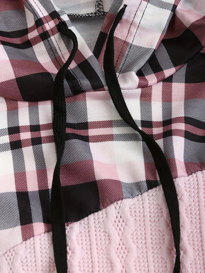Womens Color Block Plaid Print Hoodie with Drawstring - Stylish Casual Sweatshirt for Everyday Comfort - Trendy Long Sleeve Design SS69