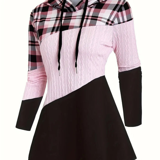 Womens Color Block Plaid Print Hoodie with Drawstring - Stylish Casual Sweatshirt for Everyday Comfort - Trendy Long Sleeve Design SS69 21.69 XXL / Pink Color