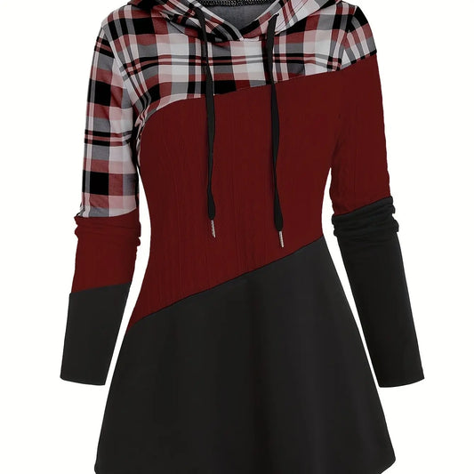 Womens Color Block Plaid Print Hoodie with Drawstring - Stylish Casual Sweatshirt for Everyday Comfort - Trendy Long Sleeve Design SS69 21.69 XXL / Burgundy