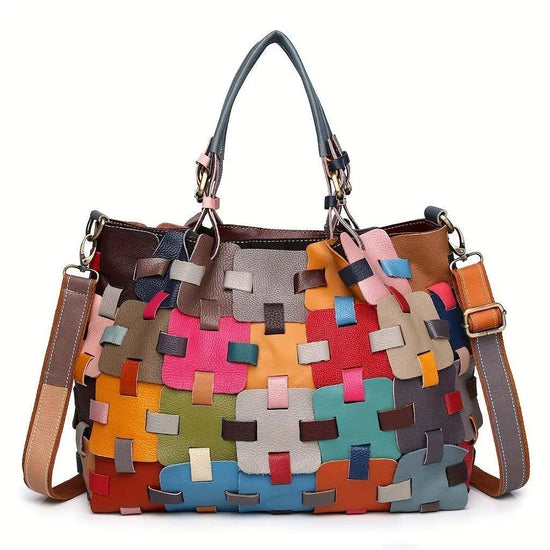 Womens Genuine Leather Tote Bag Fashionable Patchwork Crossbody Handbag, Colorful Blocks Design Shoulder Bag SS69