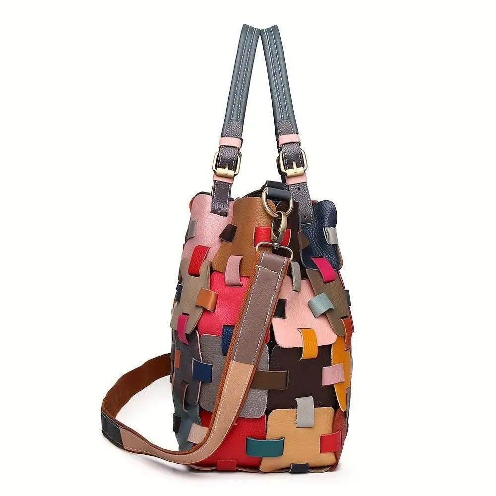 Womens Genuine Leather Tote Bag Fashionable Patchwork Crossbody Handbag, Colorful Blocks Design Shoulder Bag SS69