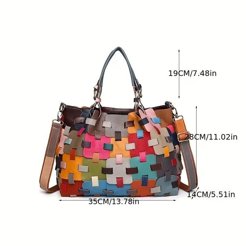 Womens Genuine Leather Tote Bag Fashionable Patchwork Crossbody Handbag, Colorful Blocks Design Shoulder Bag SS69