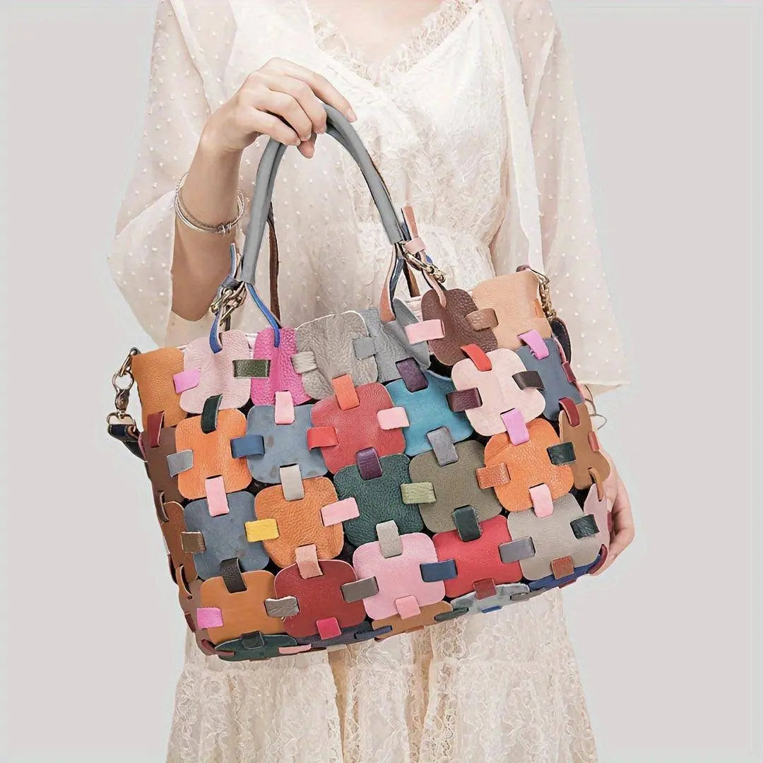 Womens Genuine Leather Tote Bag Fashionable Patchwork Crossbody Handbag, Colorful Blocks Design Shoulder Bag SS69