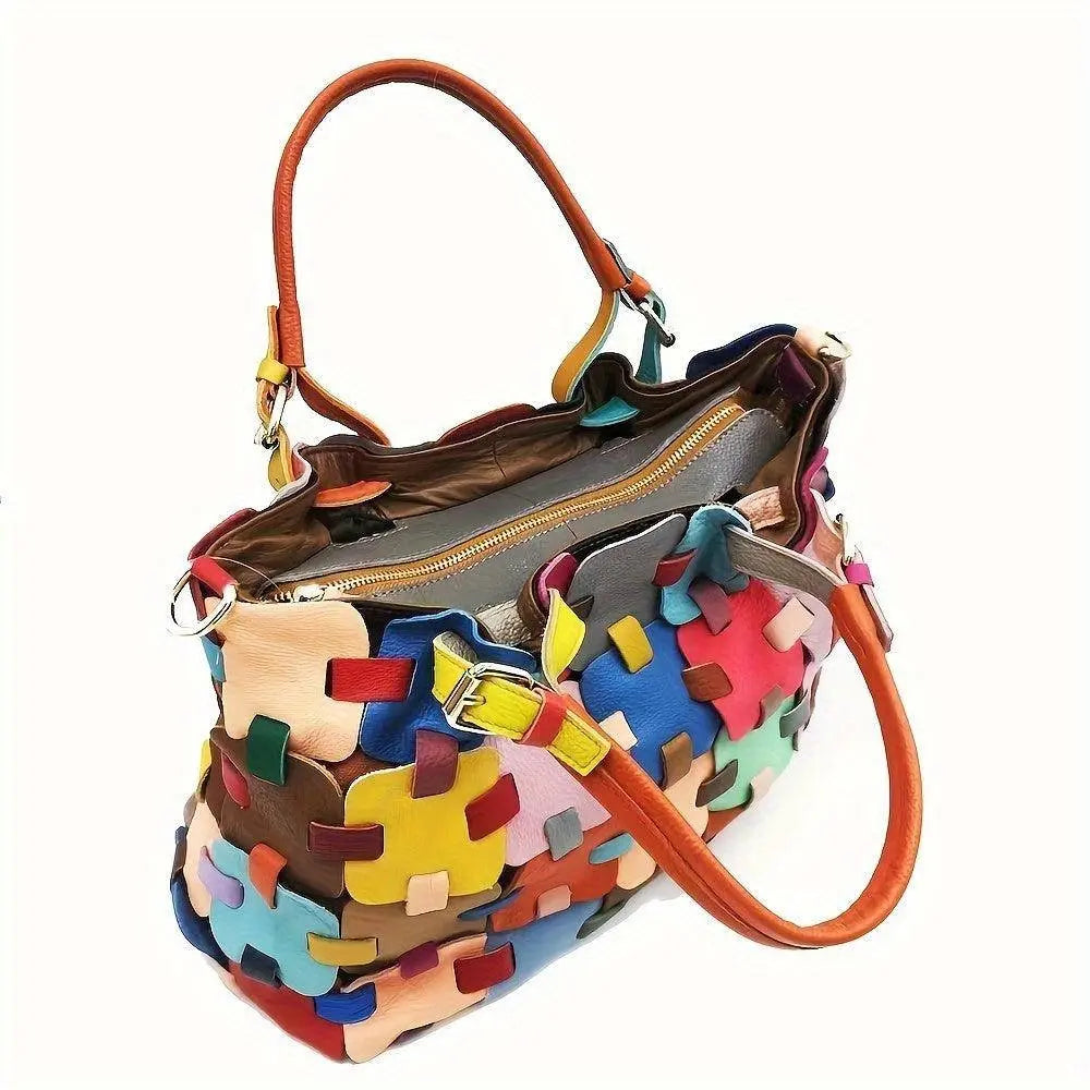 Womens Genuine Leather Tote Bag Fashionable Patchwork Crossbody Handbag, Colorful Blocks Design Shoulder Bag SS69