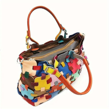Womens Genuine Leather Tote Bag Fashionable Patchwork Crossbody Handbag, Colorful Blocks Design Shoulder Bag SS69