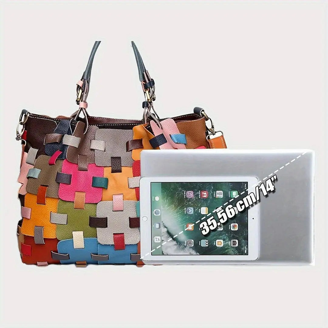 Womens Genuine Leather Tote Bag Fashionable Patchwork Crossbody Handbag, Colorful Blocks Design Shoulder Bag SS69