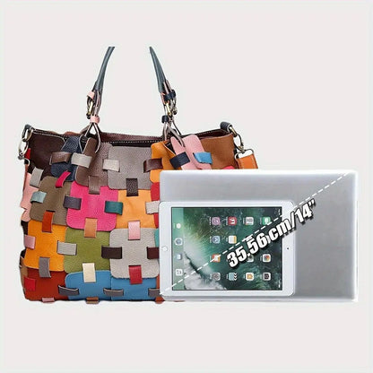 Womens Genuine Leather Tote Bag Fashionable Patchwork Crossbody Handbag, Colorful Blocks Design Shoulder Bag SS69