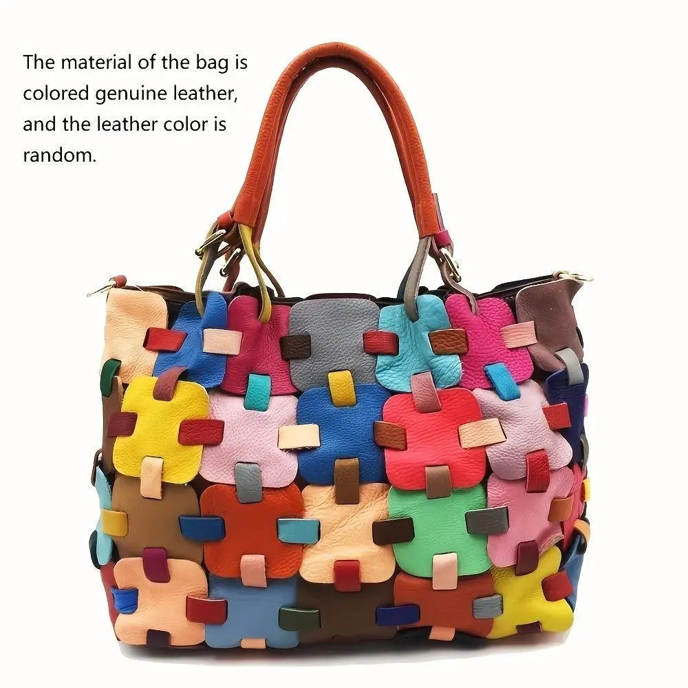 Womens Genuine Leather Tote Bag Fashionable Patchwork Crossbody Handbag, Colorful Blocks Design Shoulder Bag SS69