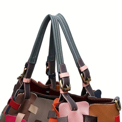 Womens Genuine Leather Tote Bag Fashionable Patchwork Crossbody Handbag, Colorful Blocks Design Shoulder Bag SS69