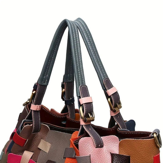 Womens Genuine Leather Tote Bag Fashionable Patchwork Crossbody Handbag, Colorful Blocks Design Shoulder Bag SS69