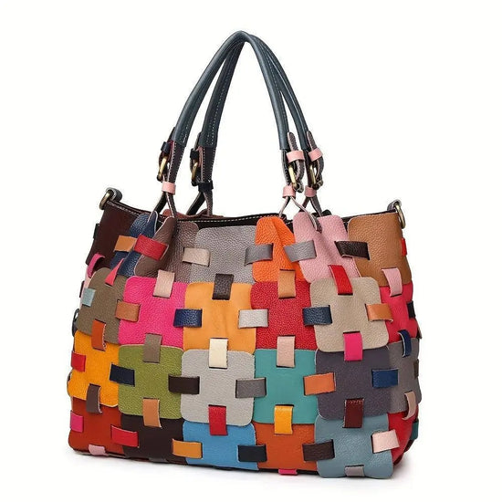 Womens Genuine Leather Tote Bag Fashionable Patchwork Crossbody Handbag, Colorful Blocks Design Shoulder Bag SS69