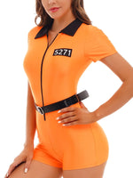 Womens Orange Jail Prisoner Costume Uniform Zipper Short Sleeve Jumpsuit with Belt Fancy Criminal Convict  Jail Cosplay Outfit SS69