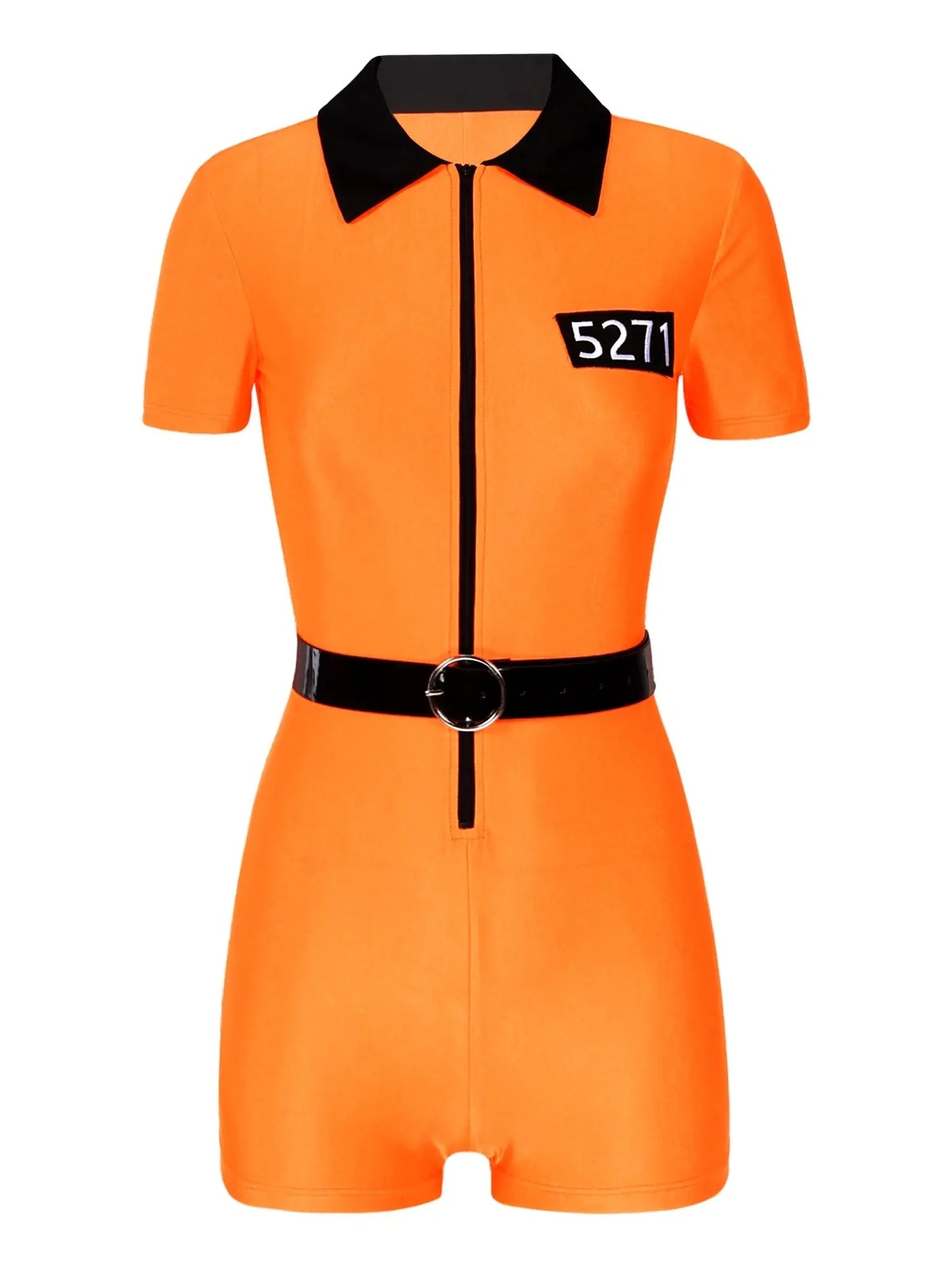 Womens Orange Jail Prisoner Costume Uniform Zipper Short Sleeve Jumpsuit with Belt Fancy Criminal Convict  Jail Cosplay Outfit SS69