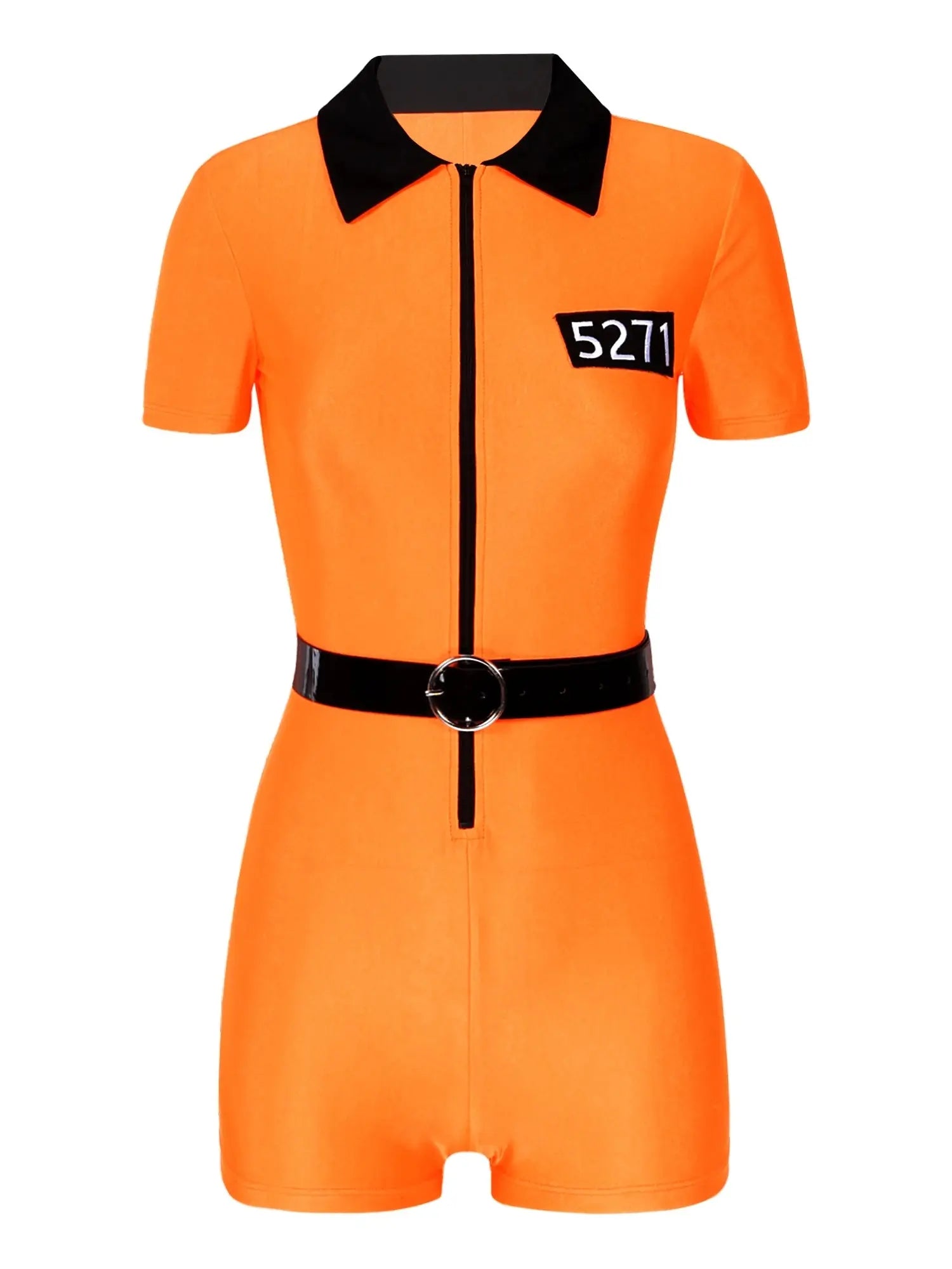 Womens Orange Jail Prisoner Costume Uniform Zipper Short Sleeve Jumpsuit with Belt Fancy Criminal Convict  Jail Cosplay Outfit SS69