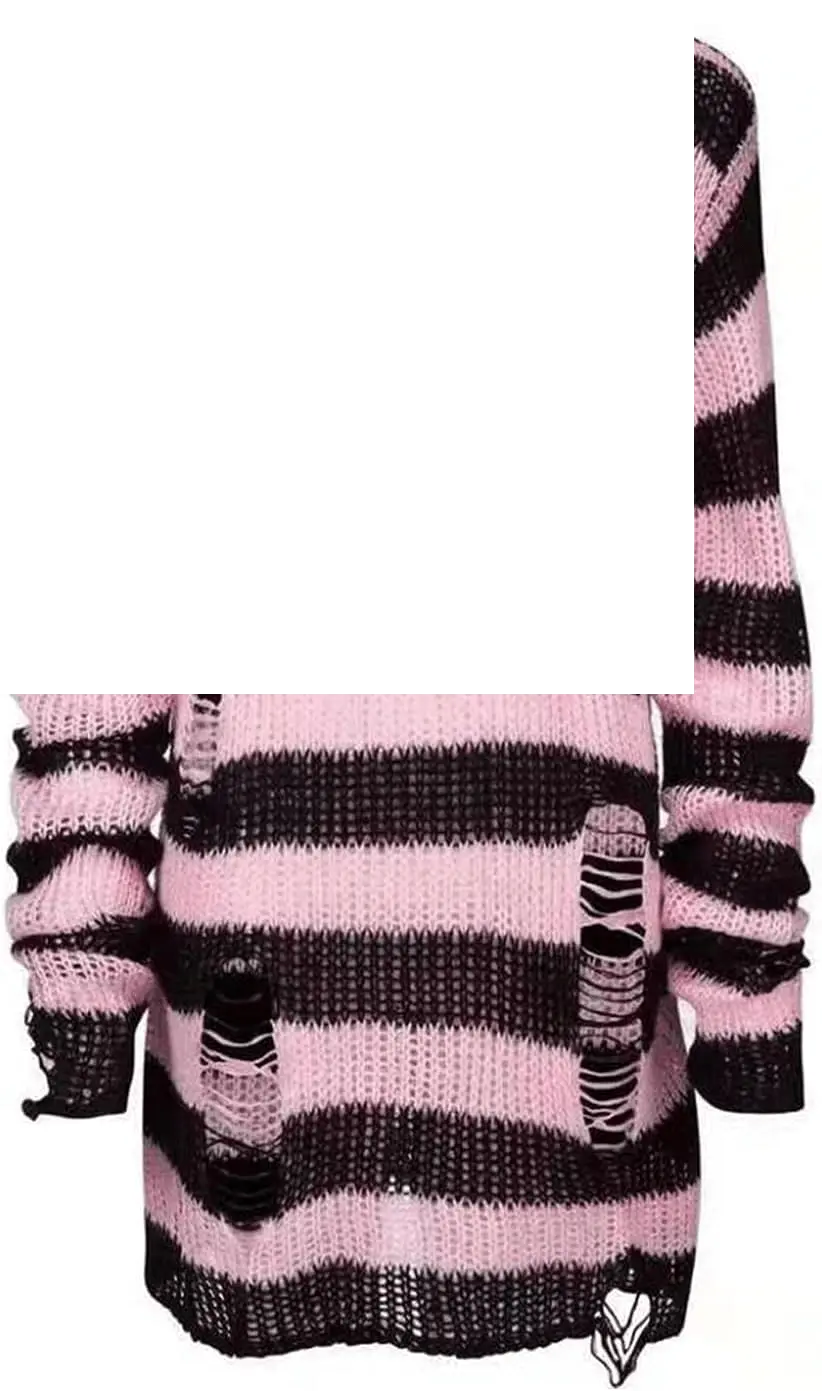 Womens Oversized Goth Punk Ripped Striped Long Sleeve Pullover Sweater Dress Tops - SS69
