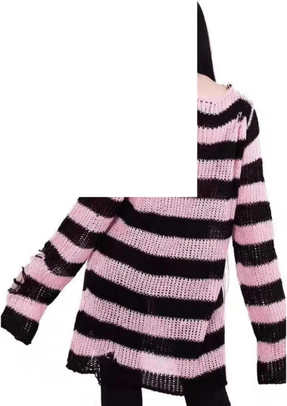 Womens Oversized Goth Punk Ripped Striped Long Sleeve Pullover Sweater Dress Tops - SS69