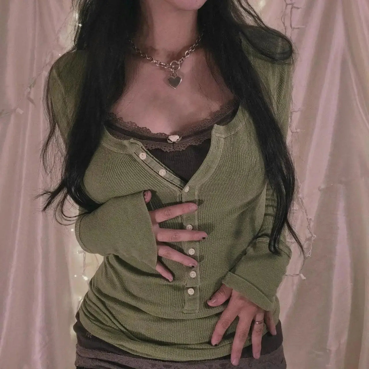 Womens Y2k Tee Crop Top Long Sleeve Lace Fairycore Grunge T-Shirts Ribbed Knit Harajuku Aesthetic Girl Tops T-Shirts Streetwear - SS69